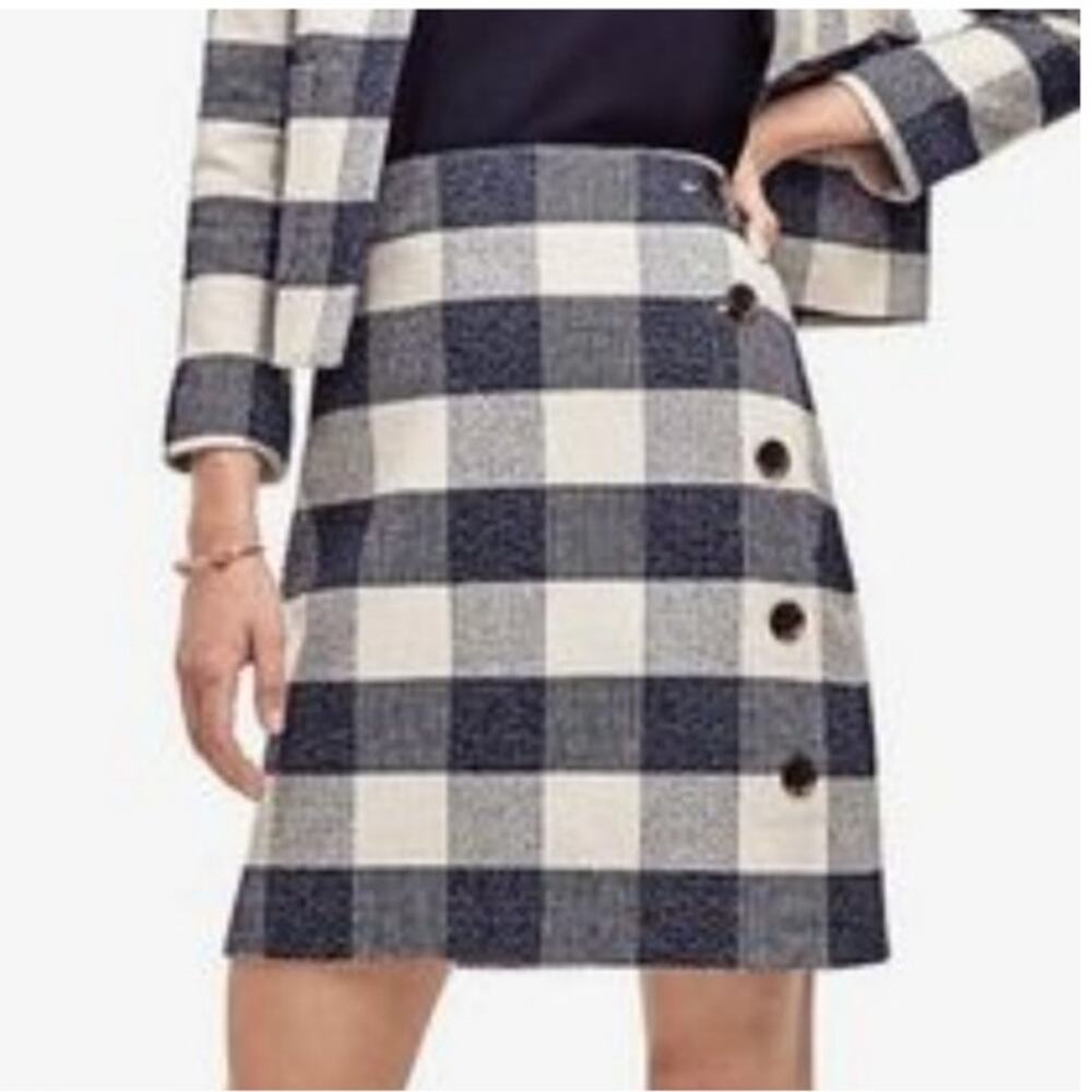 Ann‎ Taylor Petite A Line Navy & Ivory Gingham Button Detail Skirt Size 6P